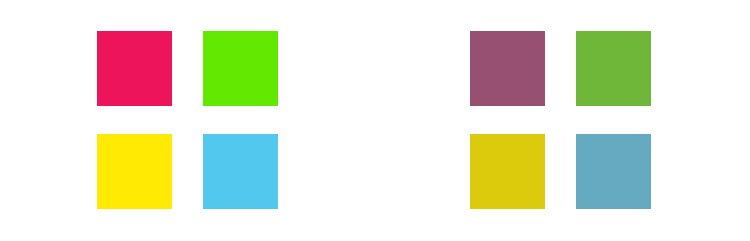 On the left, we can see bright, clean colours. Those on the right have been mixed with grey, producing dirty shades.