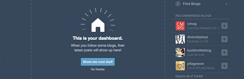 Tumblr gives you an option to take a short tour or skip it.