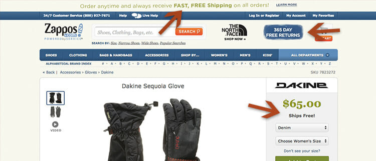 Zappos prominently showcases their free shipping