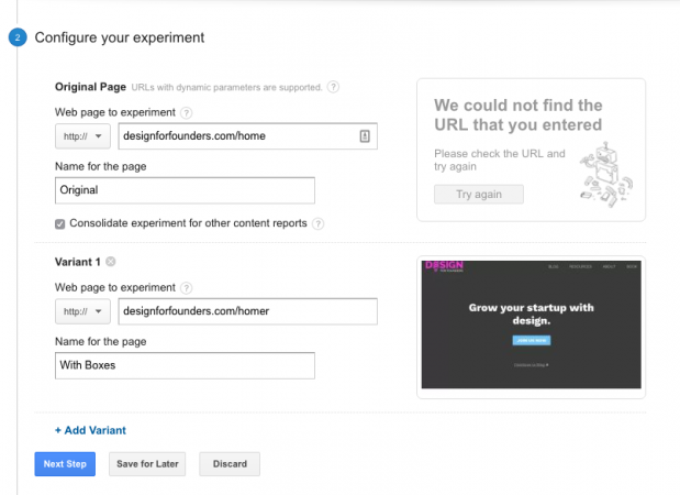 google analytics experiments step 2