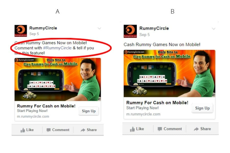 RummyCircle' s Mobile Facebook Ad, AB test voorbeelden