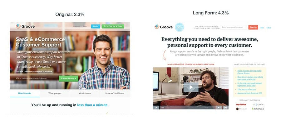 Groove’s Landing Page Redesign, ab testing examples